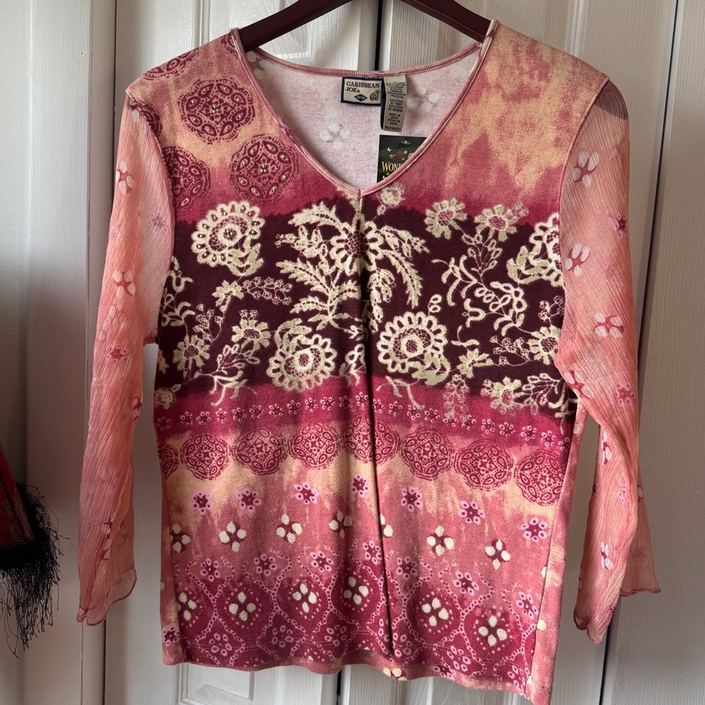 Caribbean Joe Pink Multi-Print V-Neck Long Sleeve Top
